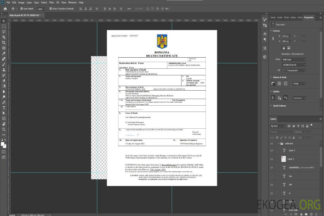 Modèle Word et PDF de certificat de décès de l'état civil de la Roumanie template